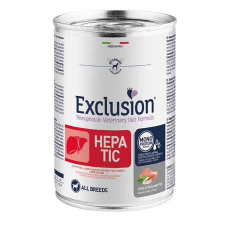 Exclusion Canine Hepatic Pork &amp; Rice &amp; Pea konzerv 400g