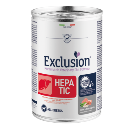 Exclusion Canine Hepatic Pork &amp; Rice &amp; Pea konzerv 400g
