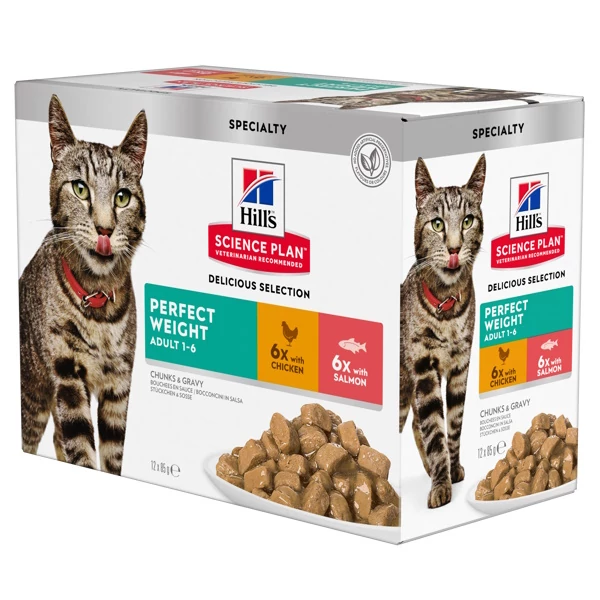 Hills SP Feline Adult Perfect Weight Chicken & Salmon alutasakos nedveseledel - 12x85g